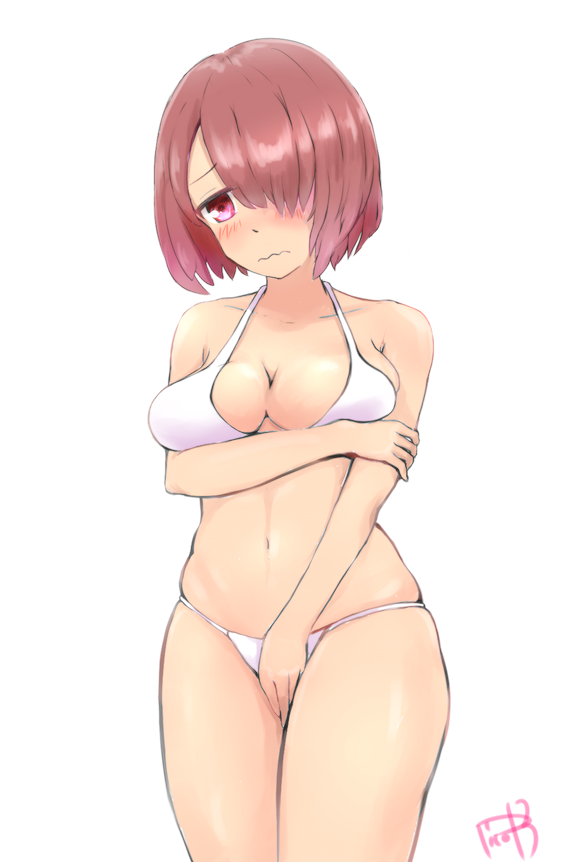1girl, between_legs, bikini, blush, breast_hold, breasts, brown_hair, cleavage, collarbone, curvy, embarrassed, eyebrows_visible_through_hair, hair_over_one_eye, hand_between_legs, hoshino_miyako_(wataten), large_breasts, looking_away, navel, one_eye_covered, picolette_xiii, plump, red_eyes, short_hair, skindentation, solo, swimsuit, swimwear, watashi_ni_tenshi_ga_maiorita!, wavy_mouth, white_bikini