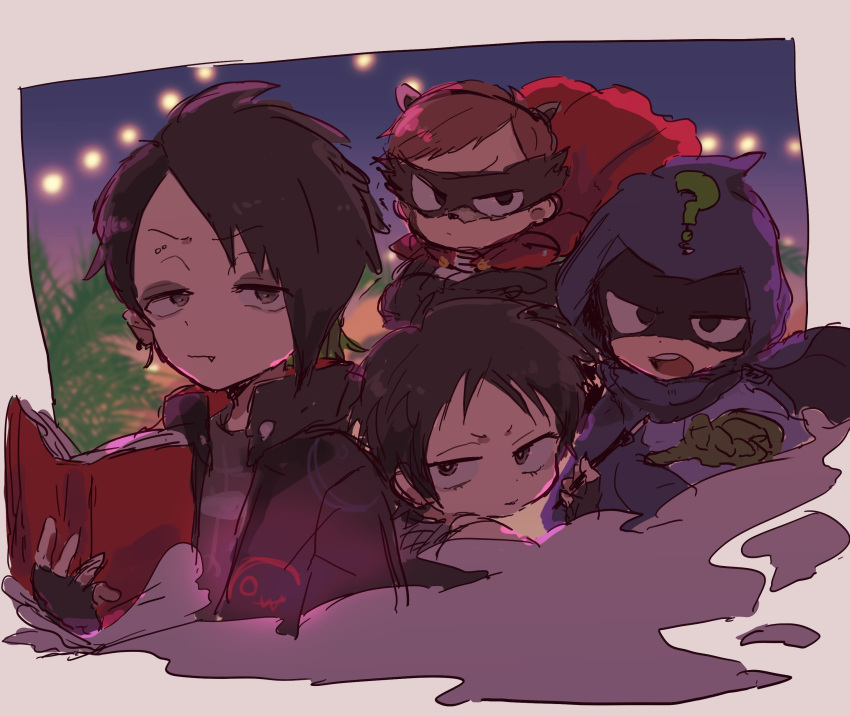 1girl, 3boys, absurdres, animal_ears, black_hair, blonde_hair, book, brown_hair