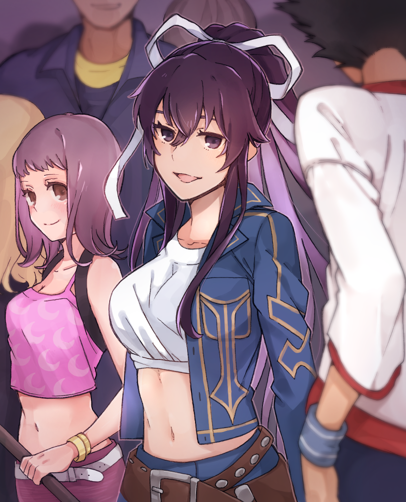 2girls, :d, armband, belt, blue_jacket, blue_pants, blurry, blurry_background