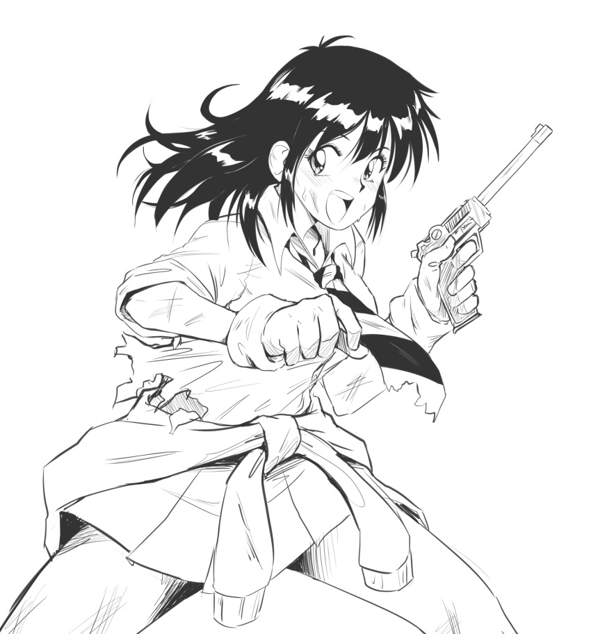 1girl, 80s, bichosan, clothes_around_waist, coppelion, cowboy_shot, gloves, gun