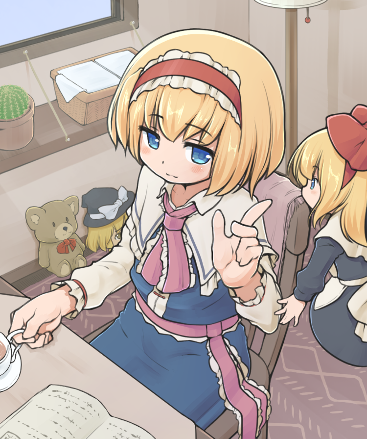 1girl, alice_margatroid, basket, blonde_hair, blue_dress, blue_eyes, blush, book, bow, cactus, capelet, carpet, chair, commentary_request, cup, dress, expressionless, eyebrows_visible_through_hair, floor_lamp, flying, from_above, hair_between_eyes, hair_bow, hairband, hat, index_finger_raised, indoors, kabu_(user_wcnr7572), kirisame_marisa, lavender_neckwear, lolita_hairband, long_hair, long_sleeves, looking_at_viewer, neck_ribbon, open_book, plant, potted_plant, ribbon, sash, saucer, shanghai_doll, shelf, short_hair, sitting, solo, stuffed_animal, stuffed_toy, table, teacup, teddy_bear, touhou, white_capelet, window, witch_hat, yukkuri_shiteitte_ne