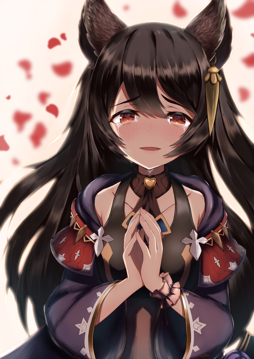 animal_ears, bare_shoulders, blush, breasts, brown_hair, choker, commentary_request, crying
