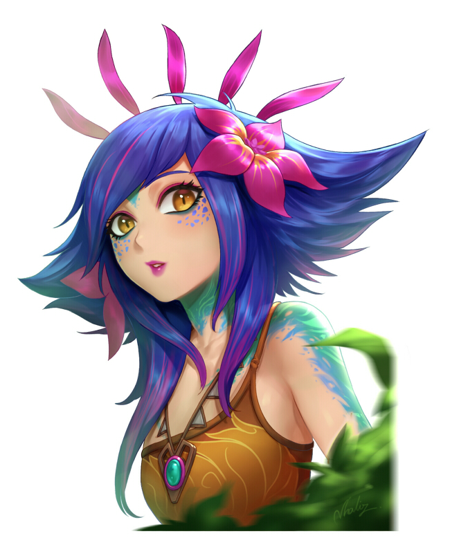 1girl, bare_shoulders, blue_hair, eyelashes, flower, gradient_hair, hair_flower, hair_ornament