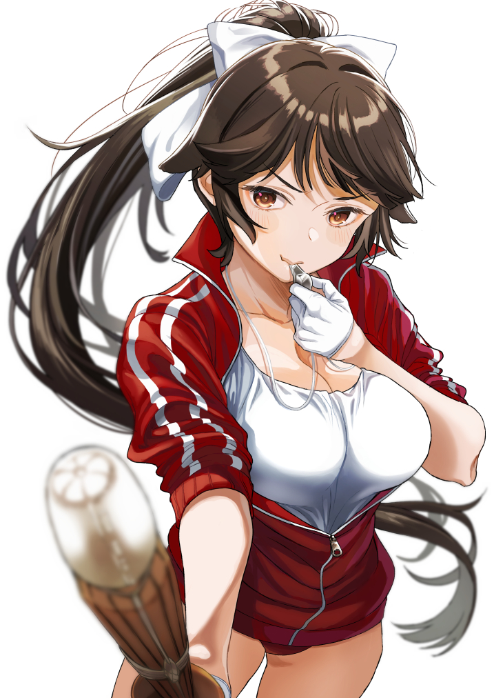 1girl, azur_lane, bangs, black_hair, blowing_whistle, blurry_foreground, blush, bow