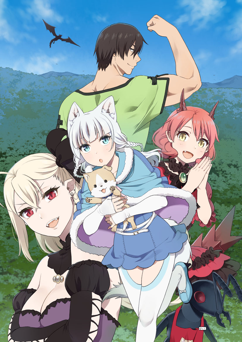1boy, 3girls, :o, ahoge, animal, animal_ears, belt, black_hair, black_ribbon, blonde_hair, blue_dress, blue_eyes, blue_sky, braid, breasts, camilla_vanstein, cape, crossed_arms, detached_collar, detached_sleeves, dog, dragon_girl, dragon_horns, dragon_tail, dress, earrings, fafnir_guildmelag_linda_blair_hanako, fangs, frilled_dress, frills, hair_between_eyes, hands_together, holding, holding_animal, horns, jewelry, kemonomichi, long_hair, mattaku_mousuke, multiple_girls, official_art, pointy_ears, red, red_eyes, redhead, ribbon, shibata_genzou, shigure_(kemonomichi), shirt, short_hair, silver_hair, sky, slit_pupils, smile, t-shirt, tail, vampire, white_legwear, wolf_ears, wolf_tail, yellow_eyes