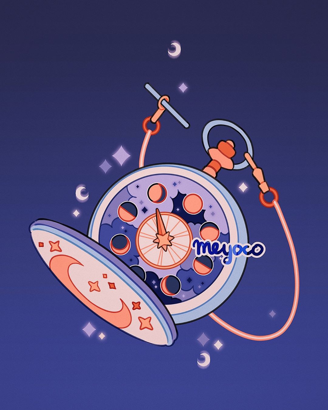 artist_name, blue_background, clock, clouds, crescent_moon, full_moon, gibbous_moon, gradient