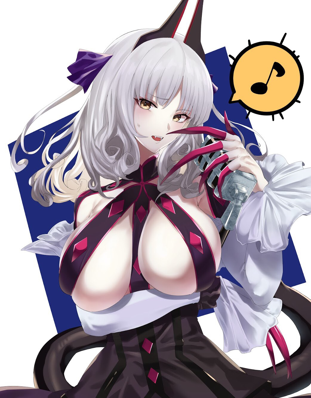 1girl, alternate_costume, breasts, carmilla_(fate/grand_order), claws, corset, cosplay, curly_hair, detached_sleeves, elizabeth_bathory_(fate), elizabeth_bathory_(fate)_(all), elizabeth_bathory_(fate)_(cosplay), fangs, fate/grand_order, fate_(series), fingernails, fujitsubo_(hujitubo0731), grey_hair, highres, large_breasts, long_fingernails, looking_at_viewer, musical_note, nail_polish, pink_nails, solo, spoken_musical_note, tail, upper_body, yellow_eyes