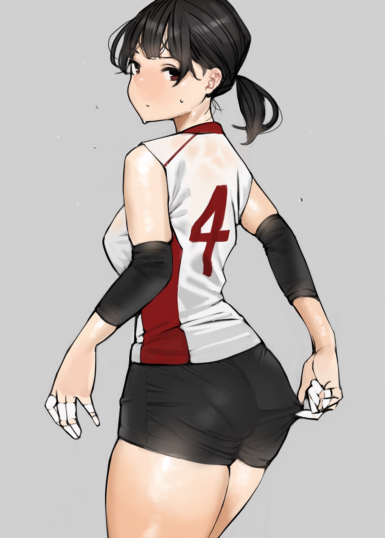 1girl, adjusting_clothes, adjusting_shorts, ass, bandage, bandaged_fingers, bandages, bike_shorts