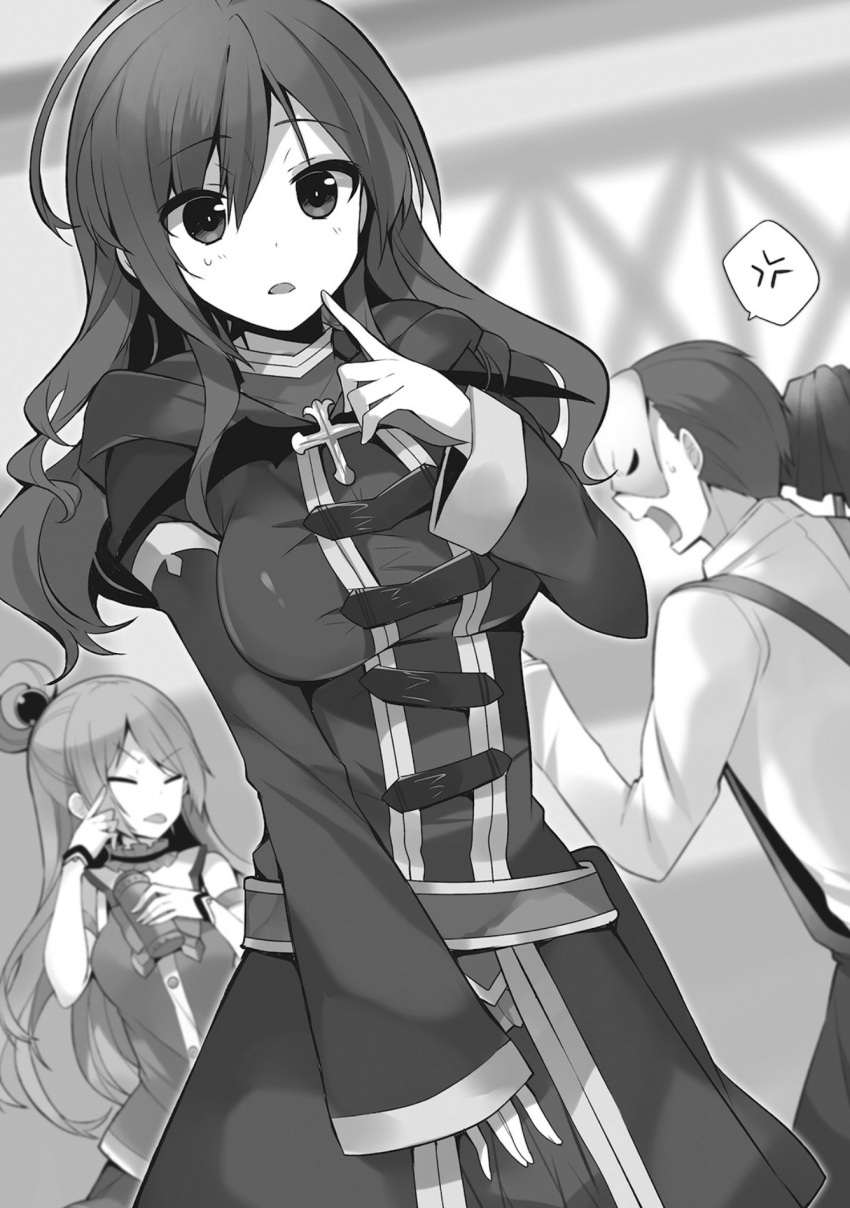 1boy, 2girls, aqua_(konosuba), breasts, detached_sleeves, eyebrows_visible_through_hair, finger_to_mouth, hair_between_eyes