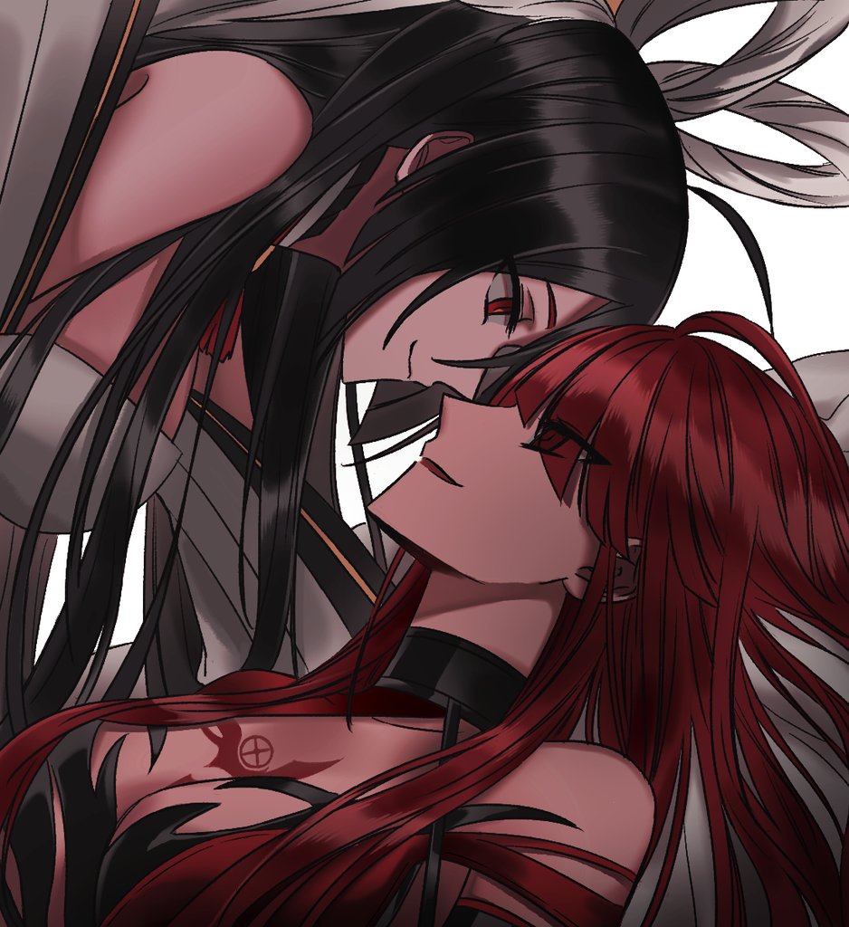 2girls, ara_han, bare_shoulders, bloody_queen_(elsword), elesis_(elsword), elsword, eyebrows_visible_through_hair, forehead-to-forehead