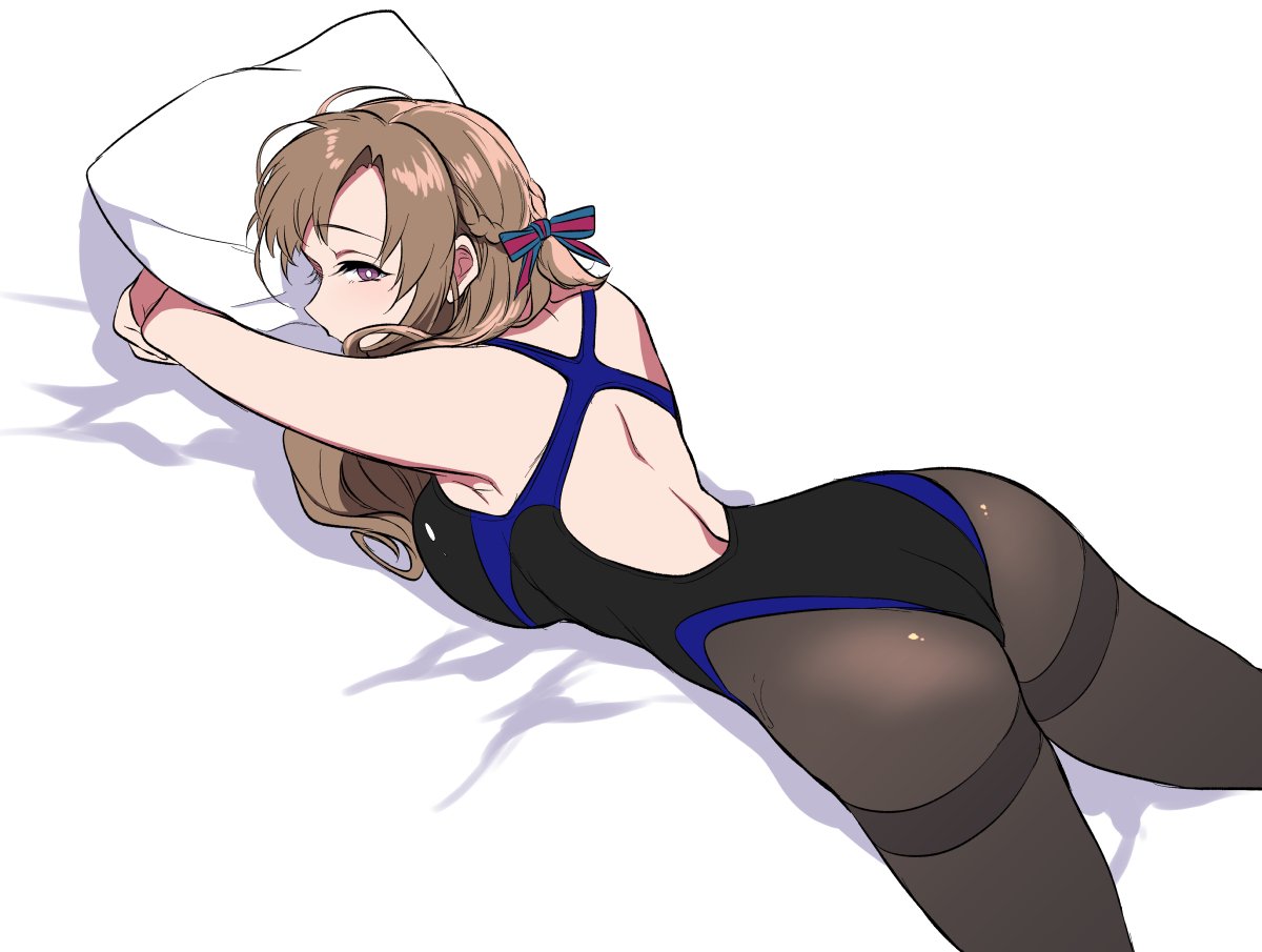 1girl, ass, backless_swimsuit, bare_arms, bare_shoulders, braid, breasts, brown_hair