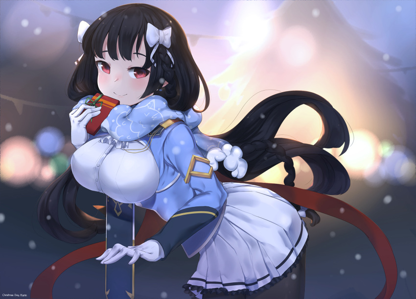 1girl, artist_name, black_hair, black_legwear, blue_scarf, blurry, blurry_background, bow