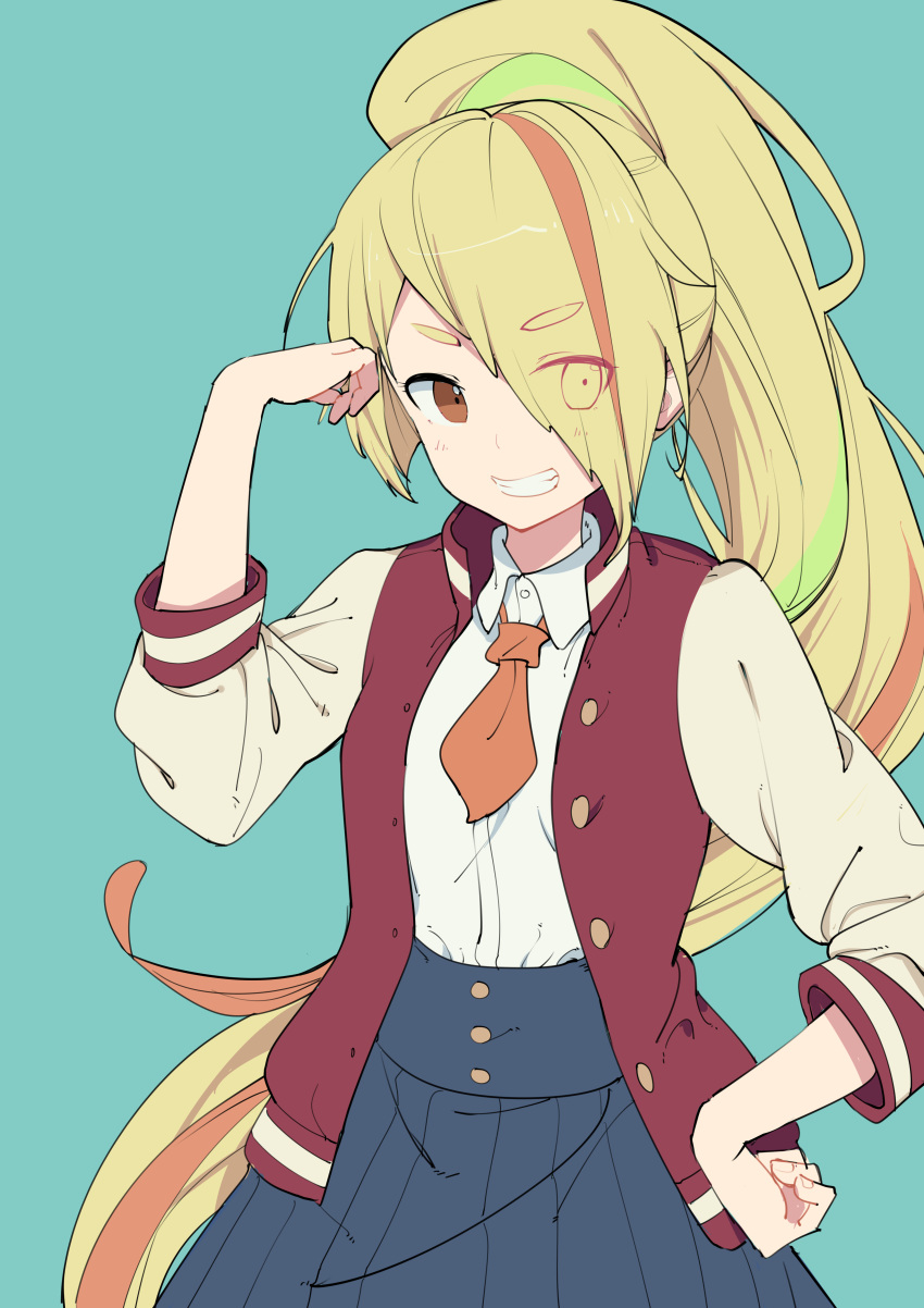 1girl, 523_(user_efcm2455), :d, absurdres, arm_up, blonde_hair, blue_skirt, brown_eyes