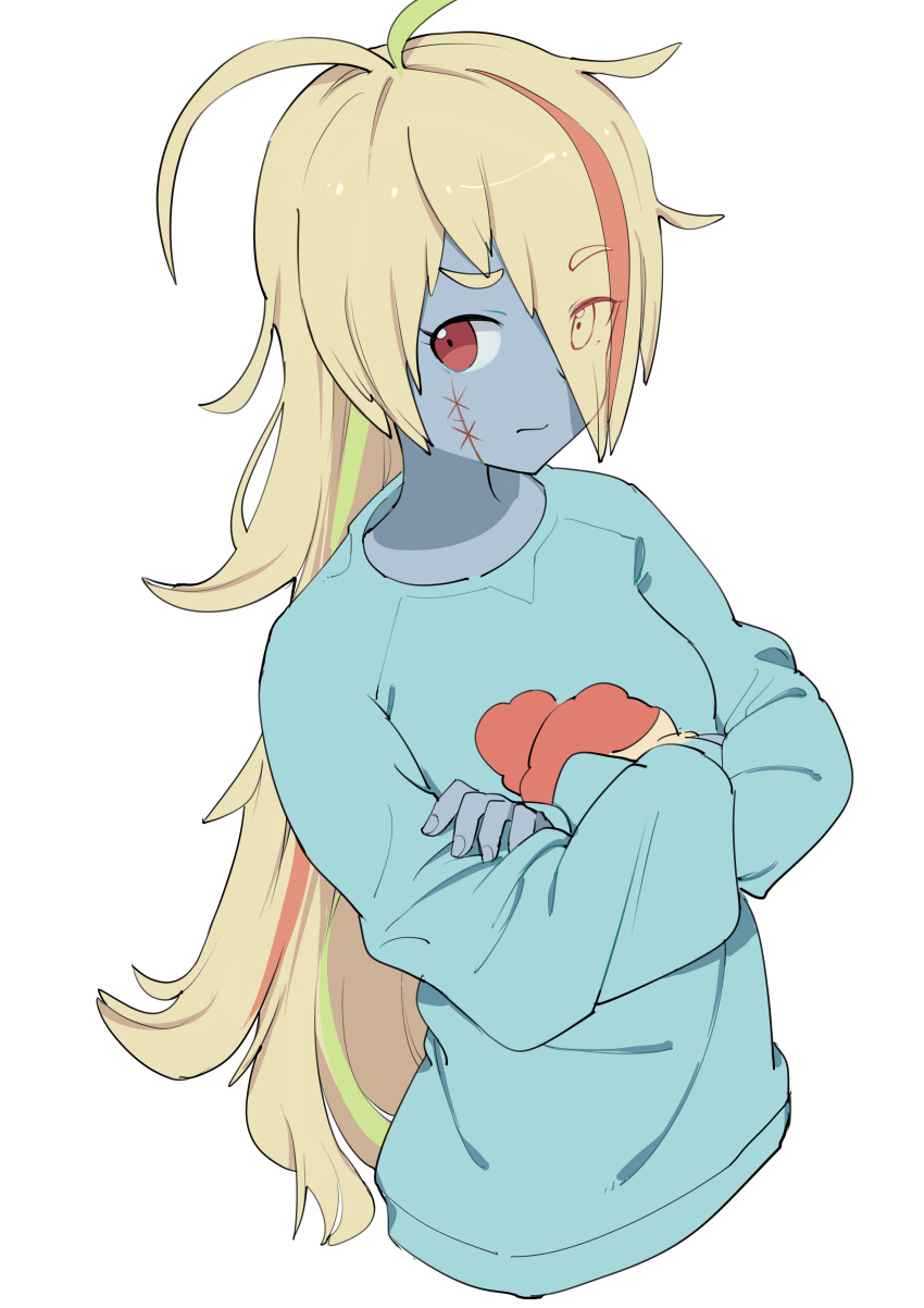 1girl, 523_(user_efcm2455), absurdres, antenna_hair, blonde_hair, blue_skin, blue_sweater, crossed_arms