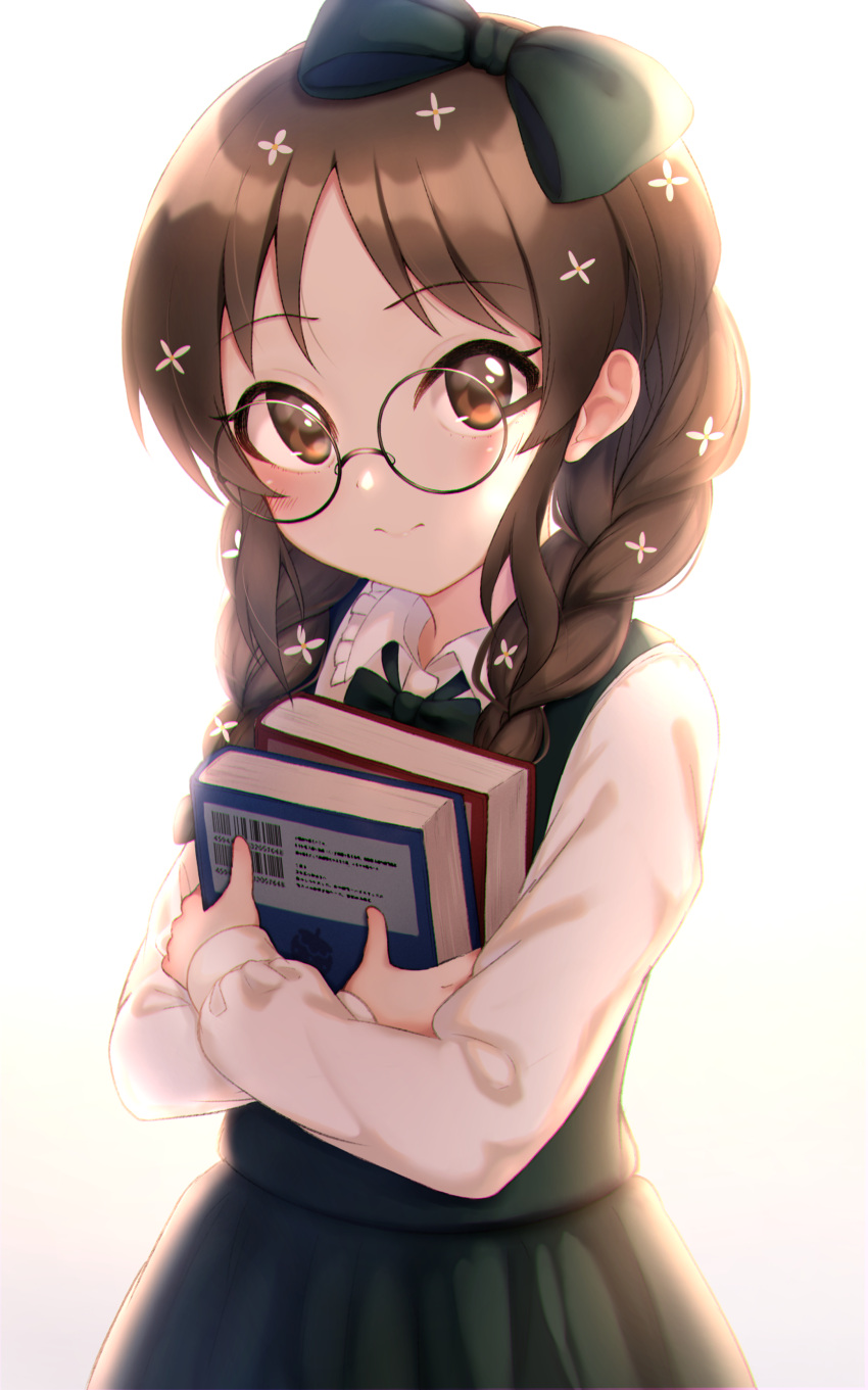 1girl, absurdres, backlighting, bangs, barcode, black-framed_eyewear, blush, book