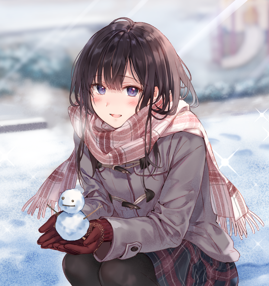 1girl, :d, bangs, black_skirt, blurry, blurry_background, blush, breath, brown_gloves, brown_hair, brown_jacket, brown_legwear, brown_scarf, commentary_request, day, depth_of_field, enpera, eyebrows_visible_through_hair, fringe_trim, fukahire_(ruinon), gloves, hair_between_eyes, holding, jacket, long_hair, long_sleeves, looking_at_viewer, open_mouth, original, outdoors, pantyhose, plaid, plaid_scarf, plaid_skirt, scarf, skirt, smile, snow, snowman, solo, sparkle, squatting, violet_eyes