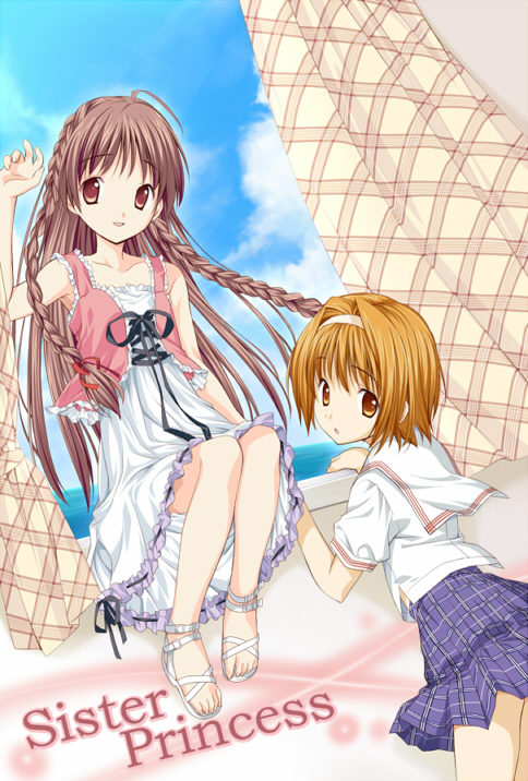 ahoge, braid, cloud, dress, feet, grey_hair, hairband, houenken, inase_shin'ya, inase_shinya, kaho_(sister_princess), karen_(sister_princess), long_hair, looking_back, multiple_girls, orange_eyes, orange_hair, plaid, ribbon, sandals, school_uniform, serafuku, short_hair, sister_princess, sitting, sky, smile, twin_braids, vest, water, window