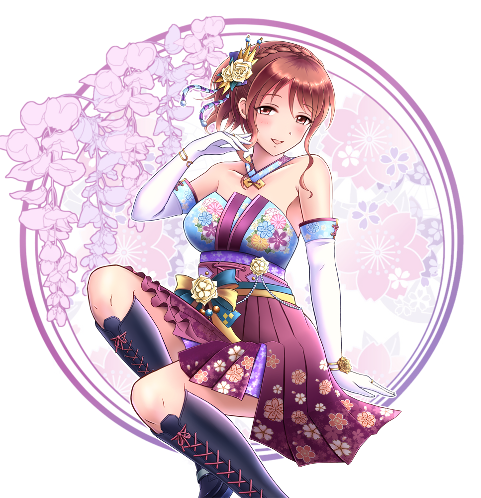 1girl, :d, arm_up, bangs, bare_shoulders, black_footwear, blue_kimono, blush