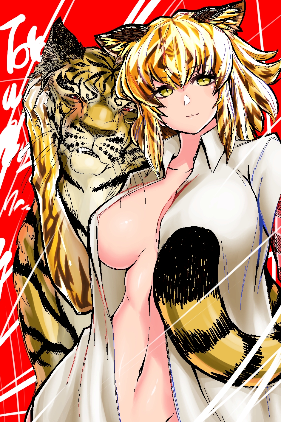 1girl, animal, animal_ears, animal_print, bangs, breasts, breasts_apart, brown_hair
