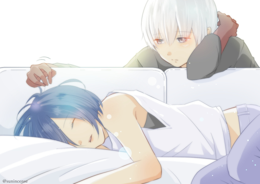 1boy, 1girl, @, artist_name, bare_arms, black_bra, black_shirt, blue_hair, blue_legwear, bra, commentary_request, couch, dark_skin, eyebrows_visible_through_hair, hikari_(skrir-mu56), kaneki_ken, kirishima_touka, looking_at_another, lying, on_couch, on_side, open_eyes, pants, red_eyes, shirt, short_hair, simple_background, sleeping, tokyo_ghoul, tokyo_ghoul:re, underwear, white_background, white_hair, white_shirt
