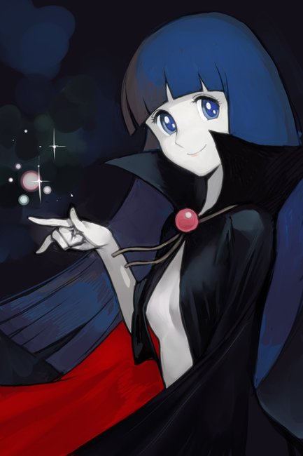 1girl, bangs, black_background, blue_eyes, blue_hair, blunt_bangs, breasts, cape, etou_ranze, from_side, gem, hankuri, high_collar, long_hair, looking_at_viewer, naked_cape, nude, ribbon, small_breasts, smile, solo, sparkle, tokimeki_tonight, upper_body