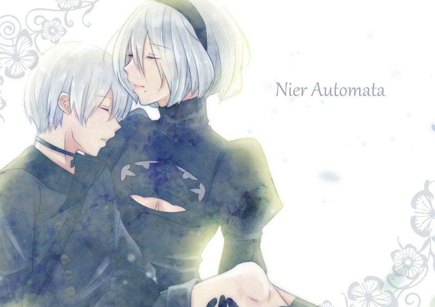 1boy, 1girl, black_choker, black_dress, black_gloves, black_hairband, black_shirt, breasts