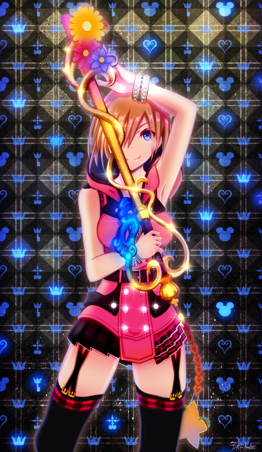 1girl, absurdres, arm_up, armpits, artist_name, black_legwear, blue_eyes, bracelet