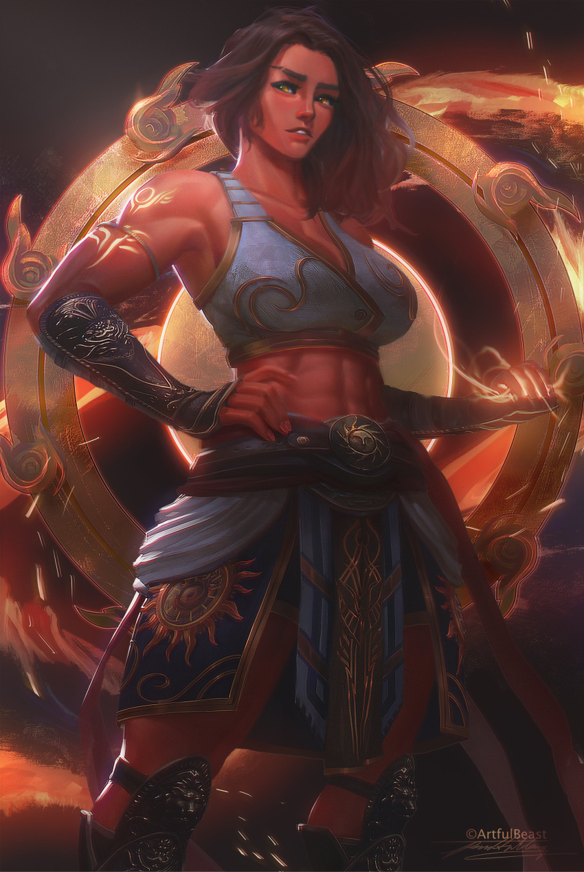 1girl, abs, absurdres, arm_guards, armband, armor, bare_shoulders, blue_tank_top