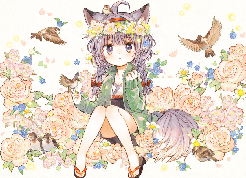 1girl, ahoge, animal, animal_ears, animal_on_head, bare_legs, bird, bird_on_finger