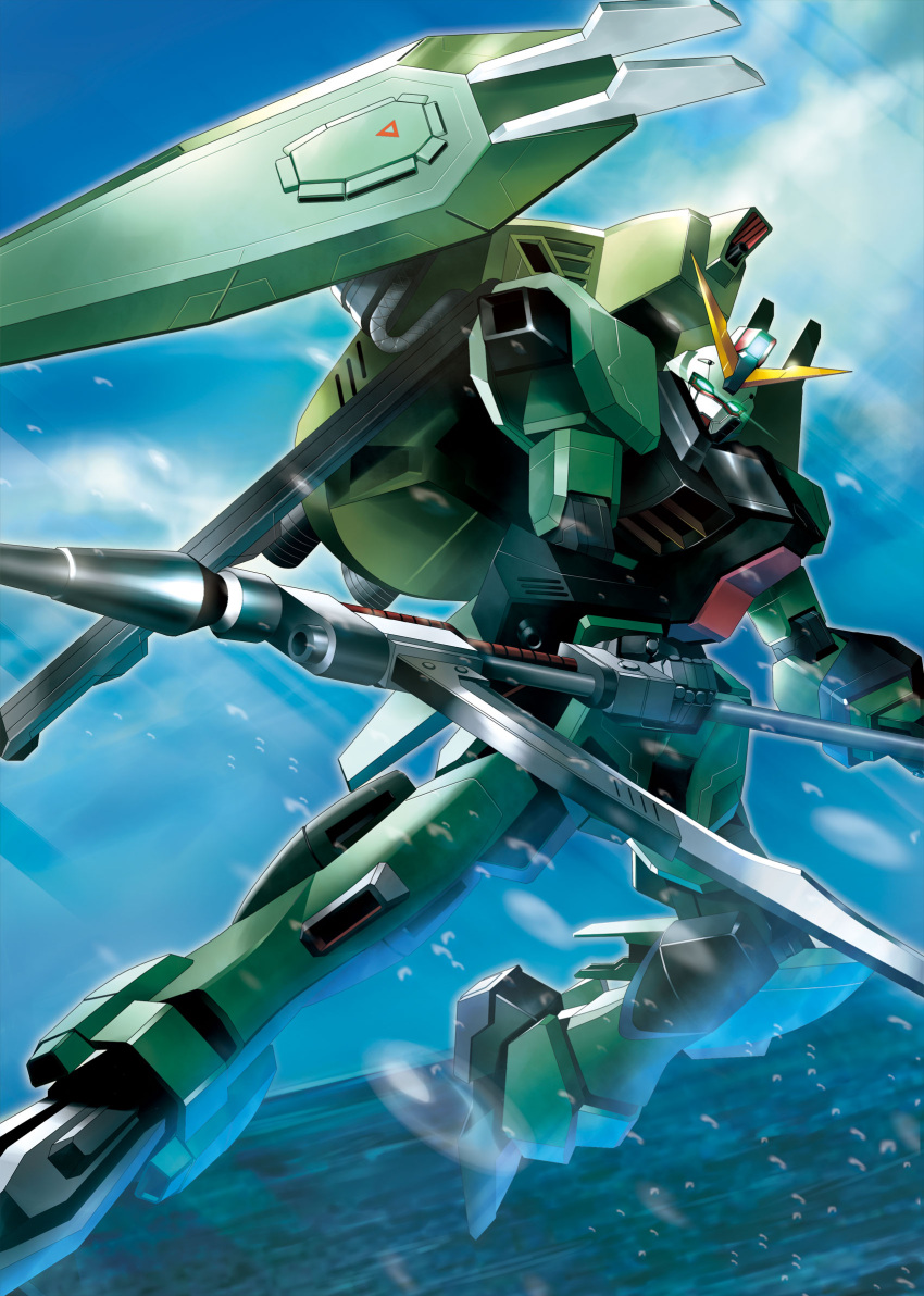 blue_sky, clouds, day, forbidden_gundam, glowing, glowing_eyes, gun, gundam
