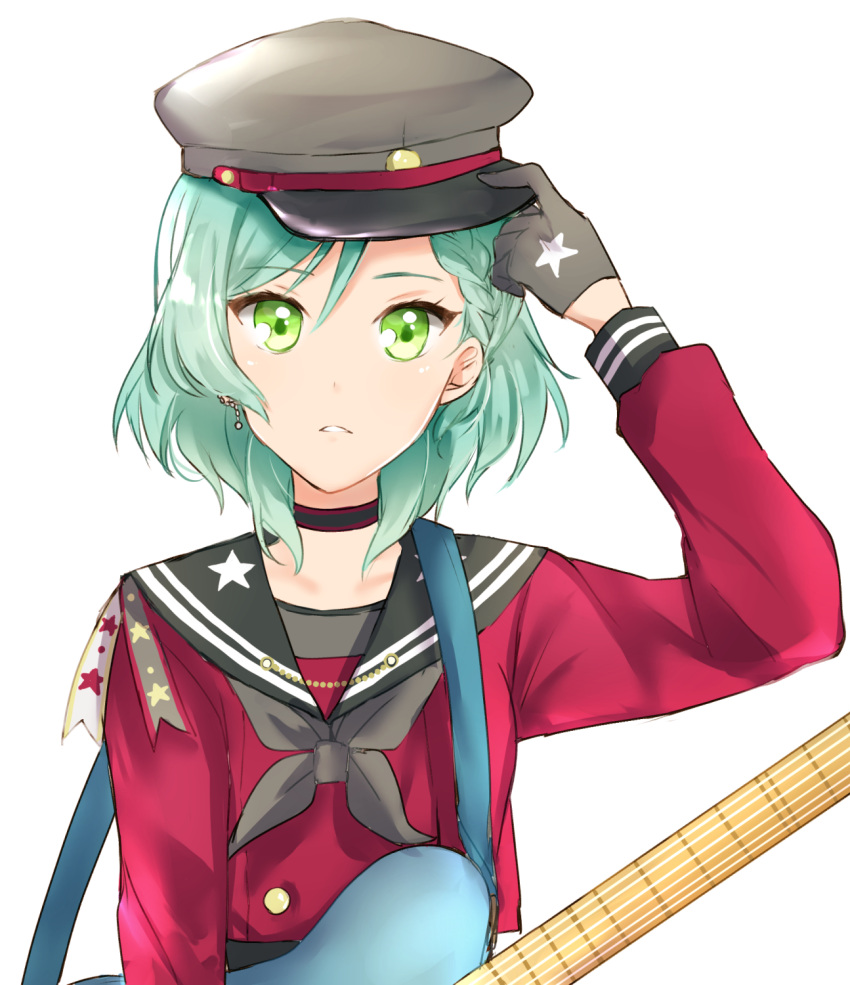 1girl, adjusting_clothes, adjusting_hat, aqua_hair, bang_dream!, black_choker, black_gloves, black_hat