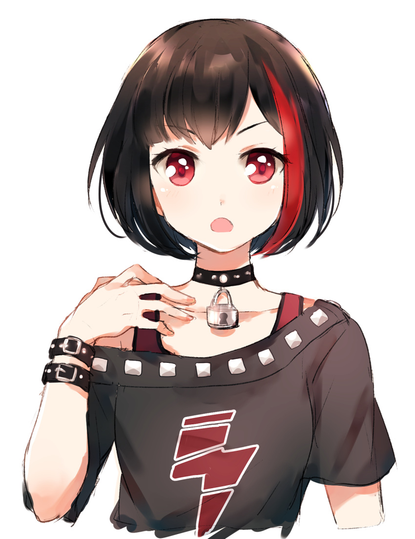 1girl, bang_dream!, bangs, black_collar, black_hair, black_shirt, bob_cut, collar