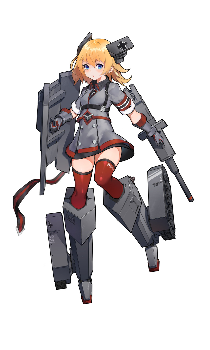 1girl, absurdres, blonde_hair, blue_eyes, cannon, caterpillar_tracks, commentary, full_body
