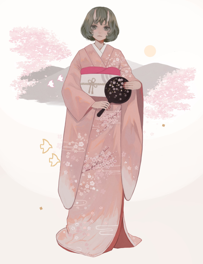 1girl, absurdres, cherry_blossoms, commentary, floral_print, full_body, highres, holding