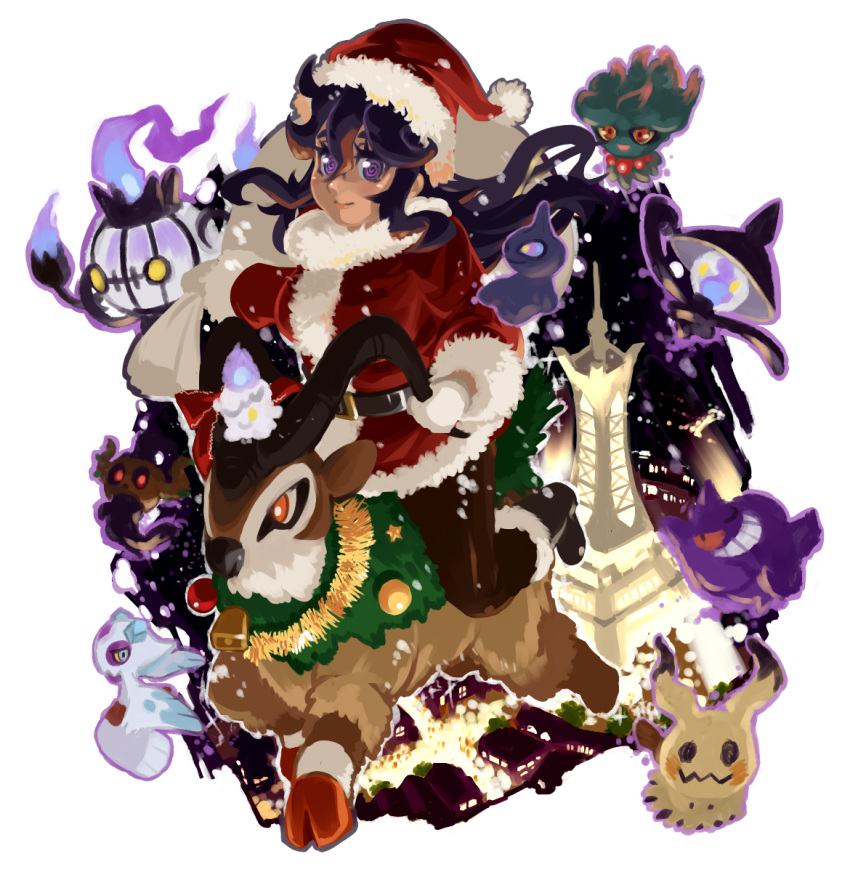 1girl, @_@, blue_eyes, chandelure, christmas, creatures_(company), fire, froslass