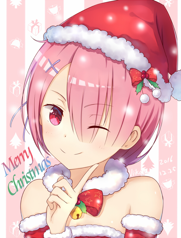 1girl, alternate_costume, bell, christmas, commentary, dated, detached_sleeves, dot_nose