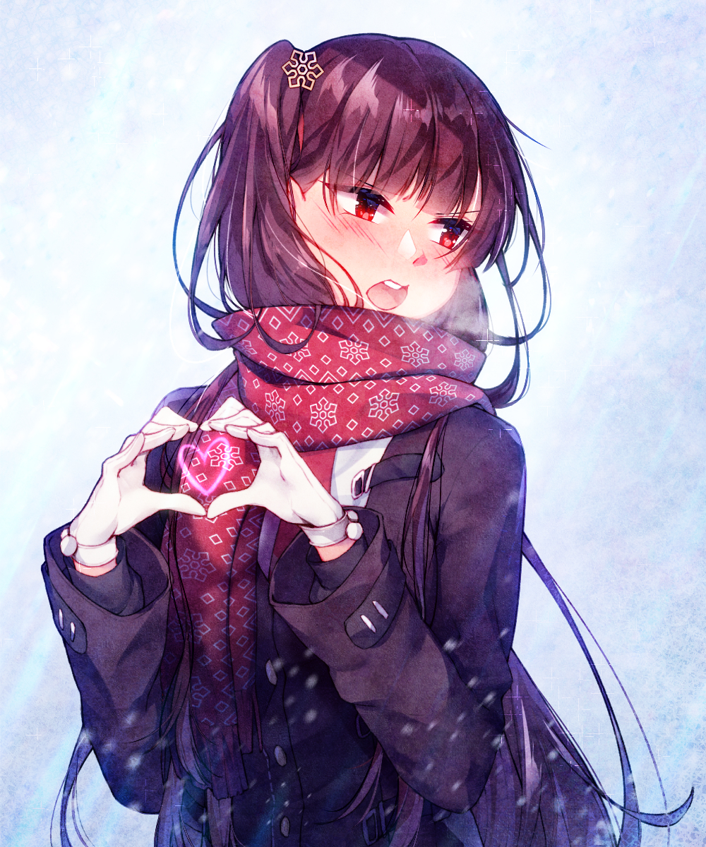 1girl, blue_background, blush, commentary, embarrassed, enpera, eyebrows_visible_through_hair, fringe_trim