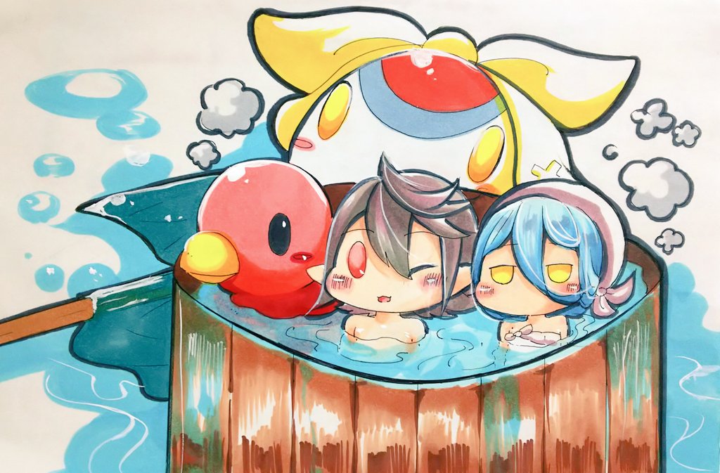 1boy, 1girl, aqua_(fire_emblem_if), bathing, blue_hair, chibi, fire_emblem, fire_emblem_if