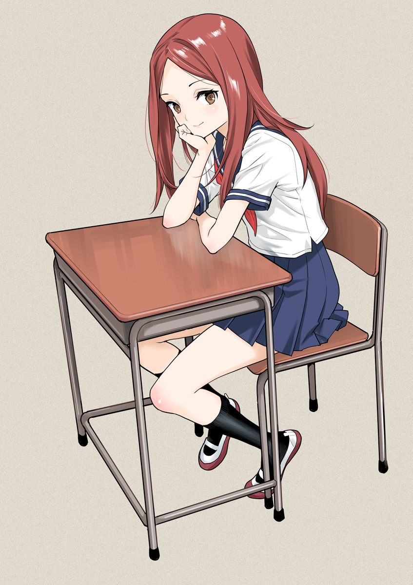 1girl, black_legwear, blue_sailor_collar, blue_skirt, blush, brown_eyes, brown_hair, chair, chin_rest, desk, full_body, hassystants, highres, karakai_jouzu_no_takagi-san, kneehighs, long_hair, looking_at_viewer, miniskirt, neckerchief, pleated_skirt, sailor_collar, school_chair, school_desk, school_uniform, serafuku, shirt, shoes, short_sleeves, sitting, skirt, smile, solo, takagi-san, uwabaki, white_shirt