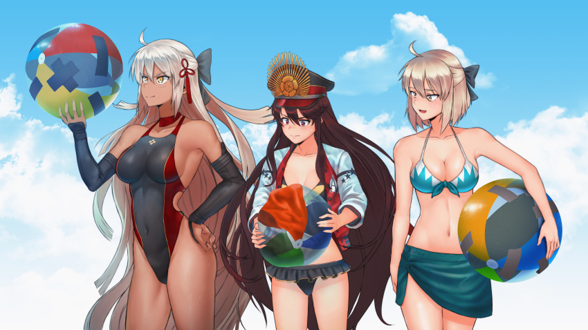 3girls, absurdres, afba, ahoge, ball, beachball, bikini, black_bikini