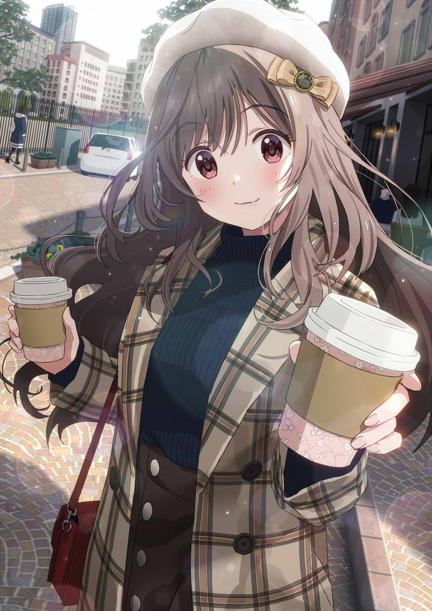 2girls, bag, bangs, black_sweater, blush, bow, brown_bow, brown_coat