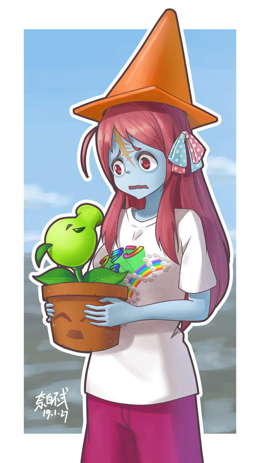 1girl, absurdres, ahoge, blue_skin, bow, buernia, forehead_scar, hair_bow, hair_ornament, highres, long_hair, minamoto_sakura, open_mouth, peashooter_(pvz), plant, plants_vs_zombies, polka_dot, polka_dot_bow, potted_plant, red_eyes, redhead, shirt, side_ponytail, t-shirt, zombie, zombie_land_saga