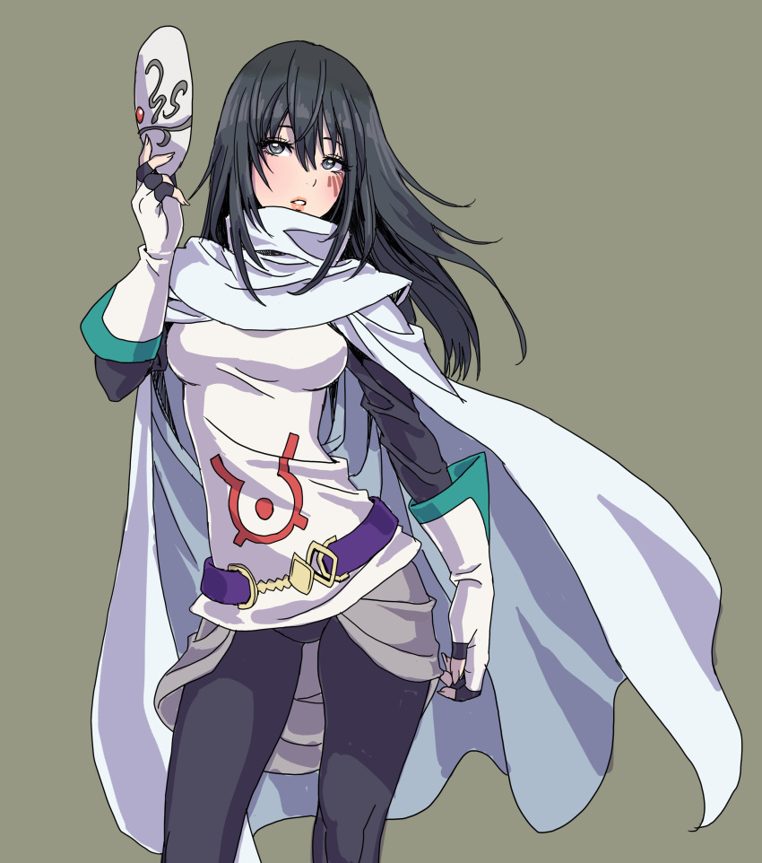 1girl, absurdres, bangs, belt, black_eyes, black_hair, black_legwear, brown_background