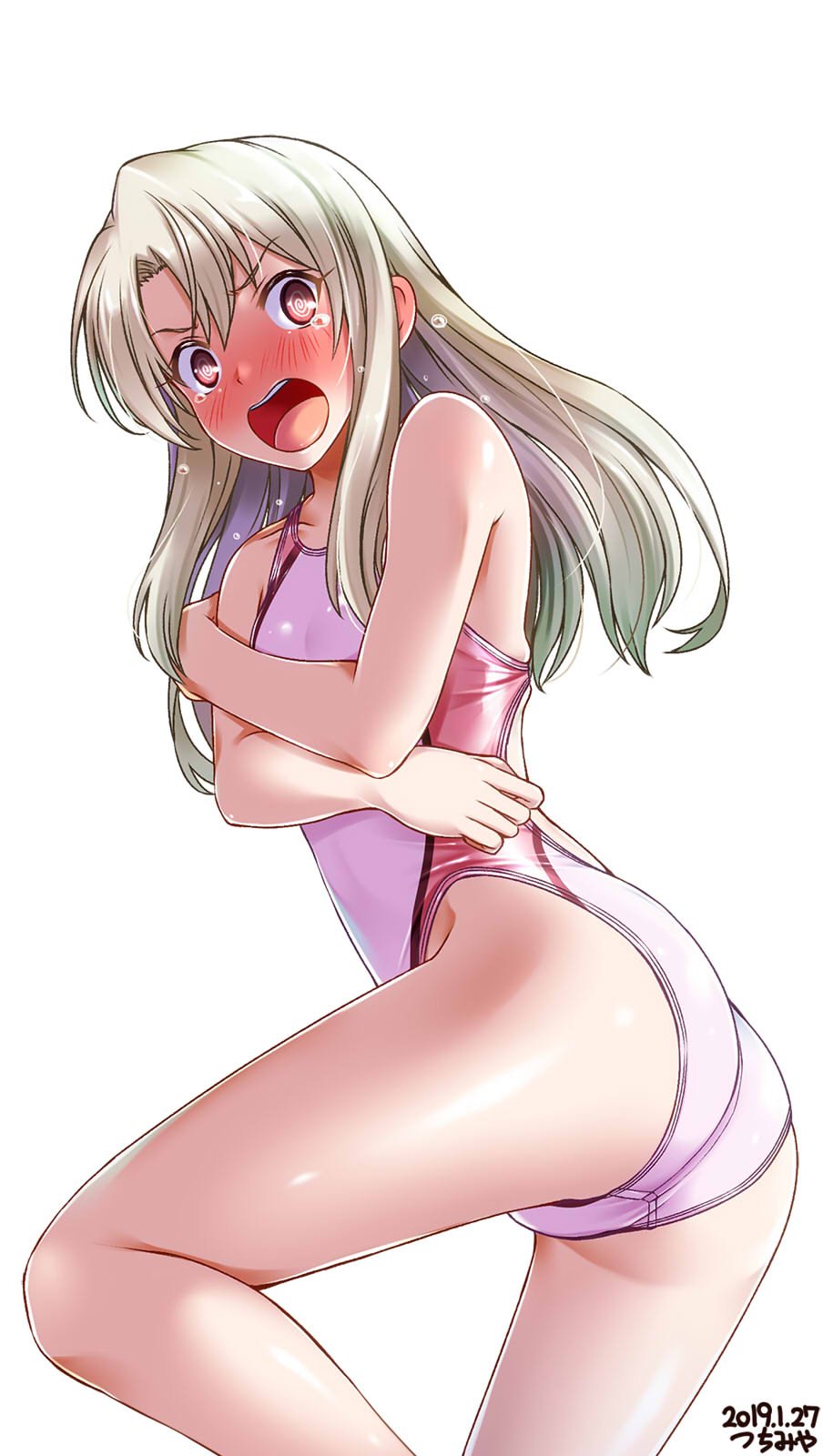 1girl, artist_name, ass, blonde_hair, breasts, closed_mouth, collarbone, competition_swimsuit, covered_navel, cowboy_shot, dated, embarrassed, eyebrows_visible_through_hair, fate/kaleid_liner_prisma_illya, fate_(series), flat_chest, hair_between_eyes, highres, illyasviel_von_einzbern, long_hair, looking_at_viewer, one-piece_swimsuit, open_mouth, pink_swimsuit, prisma_illya, red_eyes, simple_background, small_breasts, solo, standing, sweatdrop, swimsuit, tears, tsuchimiya, white_background, white_hair