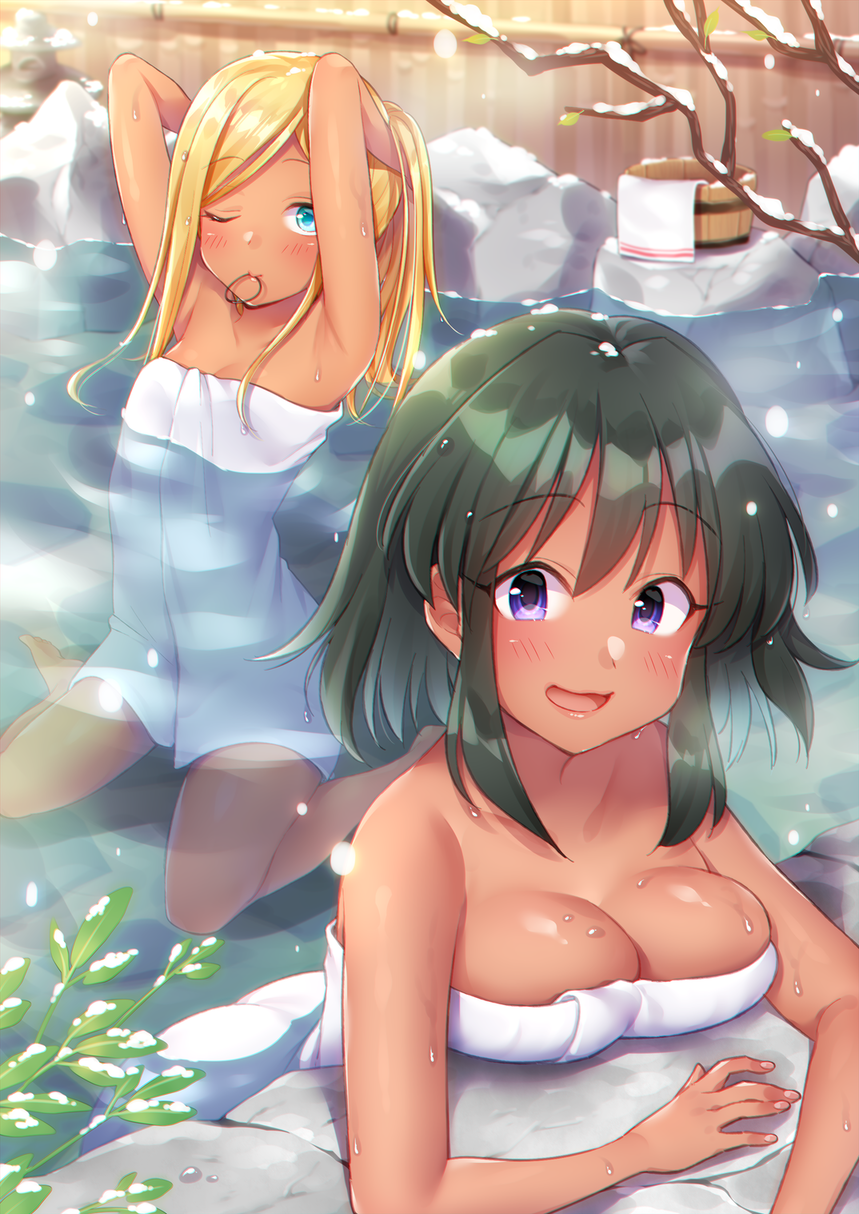 2girls, armpits, arms_up, blonde_hair, blue_eyes, blush, breasts, cleavage