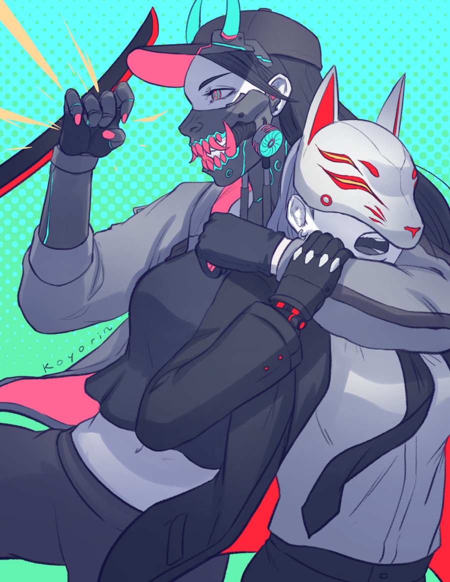 2girls, arm_around_neck, artist_name, bared_teeth, baseball_cap, black_gloves, black_hair, black_hat