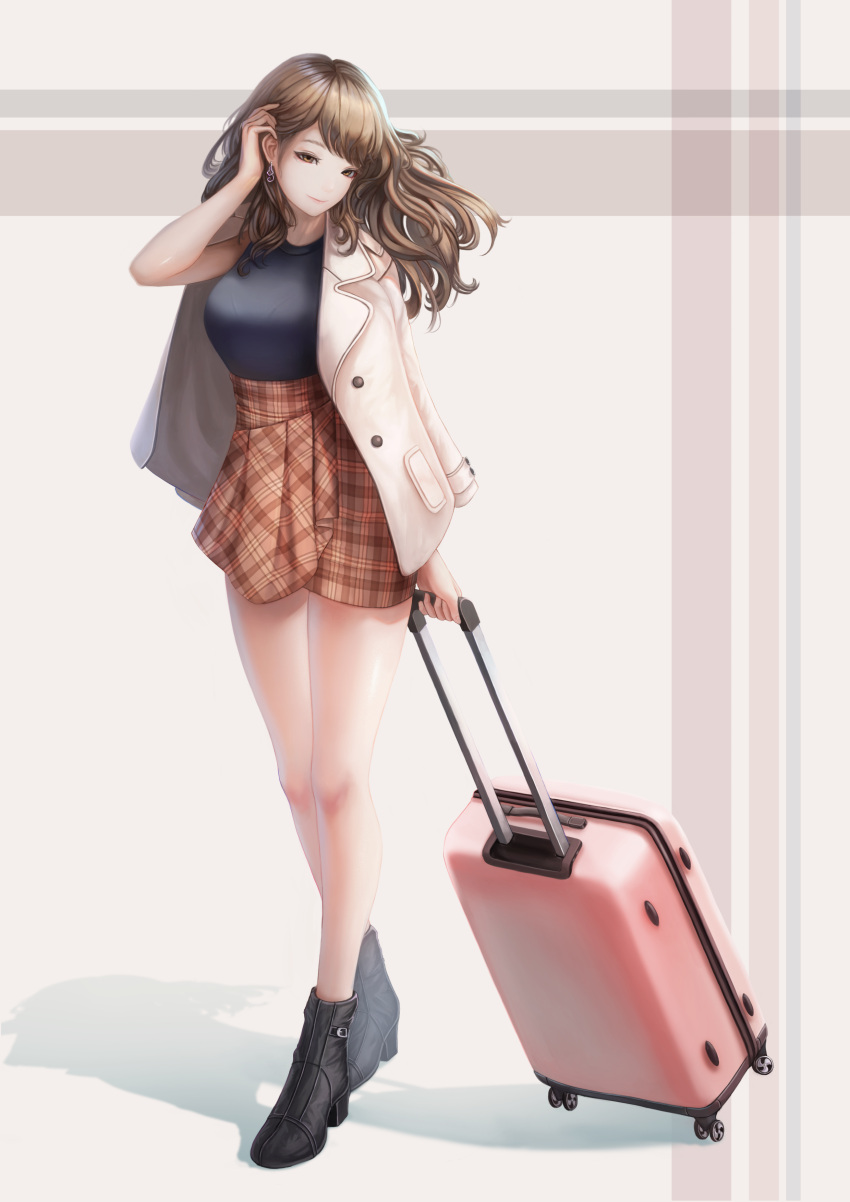1girl, absurdres, adjusting_hair, bag, beige_coat, black_footwear, blue_shirt, boots, breasts, brown_eyes, brown_skirt, closed_mouth, clothes_on_shoulders, coat, dori_(pixiv_36360503), earrings, half-closed_eyes, high_heel_boots, high_heels, highres, holding, holding_bag, jacket_on_shoulders, jewelry, large_breasts, long_hair, open_clothes, open_coat, original, plaid, plaid_skirt, shirt, skirt, sleeveless, sleeveless_shirt, smile, solo, standing