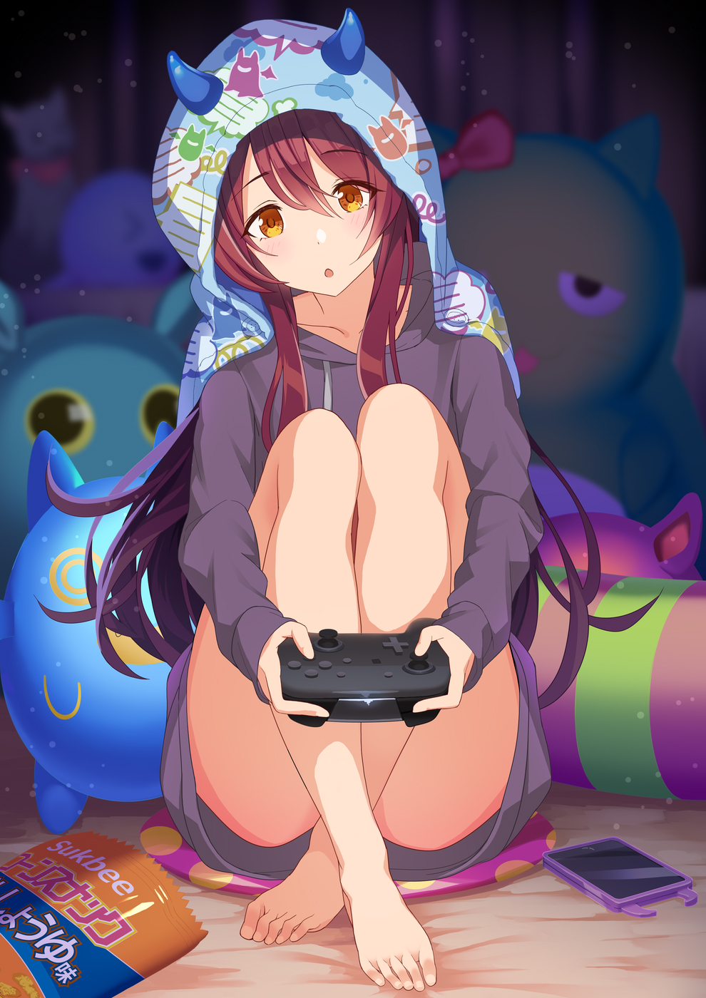 1girl, :o, ass, bangs, bare_legs, barefoot, blanket, blurry