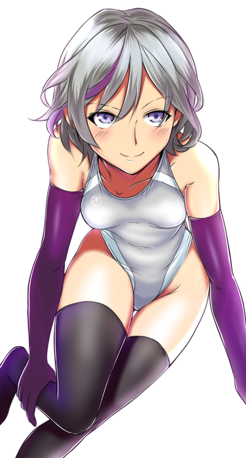 1girl, absurdres, aiuchi, all_fours, black_legwear, collarbone, commentary_request, competition_swimsuit