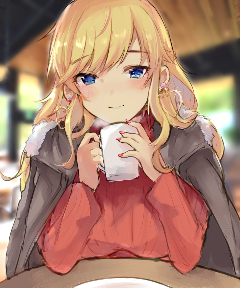 1girl, asagimu_(tsuktsuk), black_jacket, blonde_hair, blue_eyes, blurry, blurry_background, blush